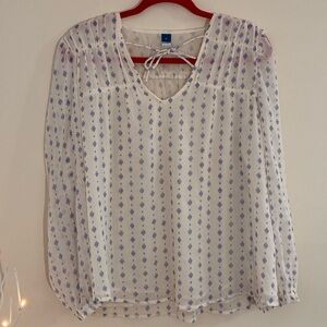 Old Navy Boho Peasant Blouse Cream Blue Print Tie Neck Size M